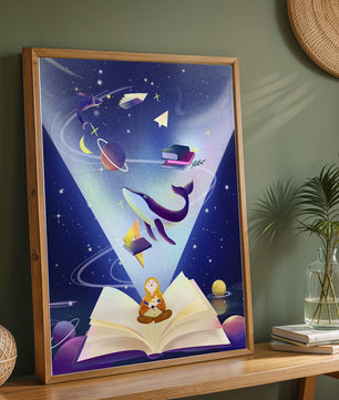 Imaginative galaxy scene with books and a child