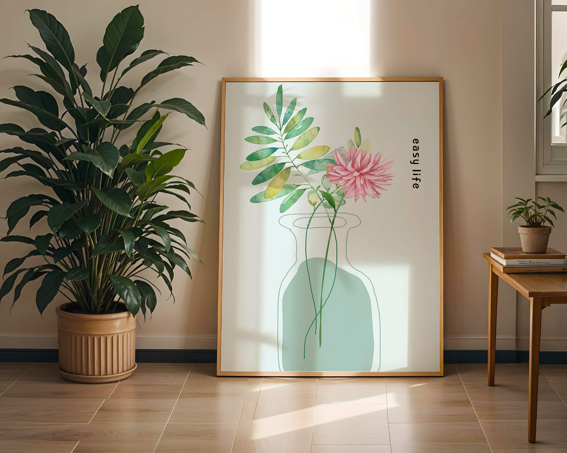Arreglo floral en acuarela con vegetación en jarrón de vidrio