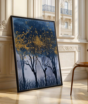 Mystical forest landscape with gold splatter art