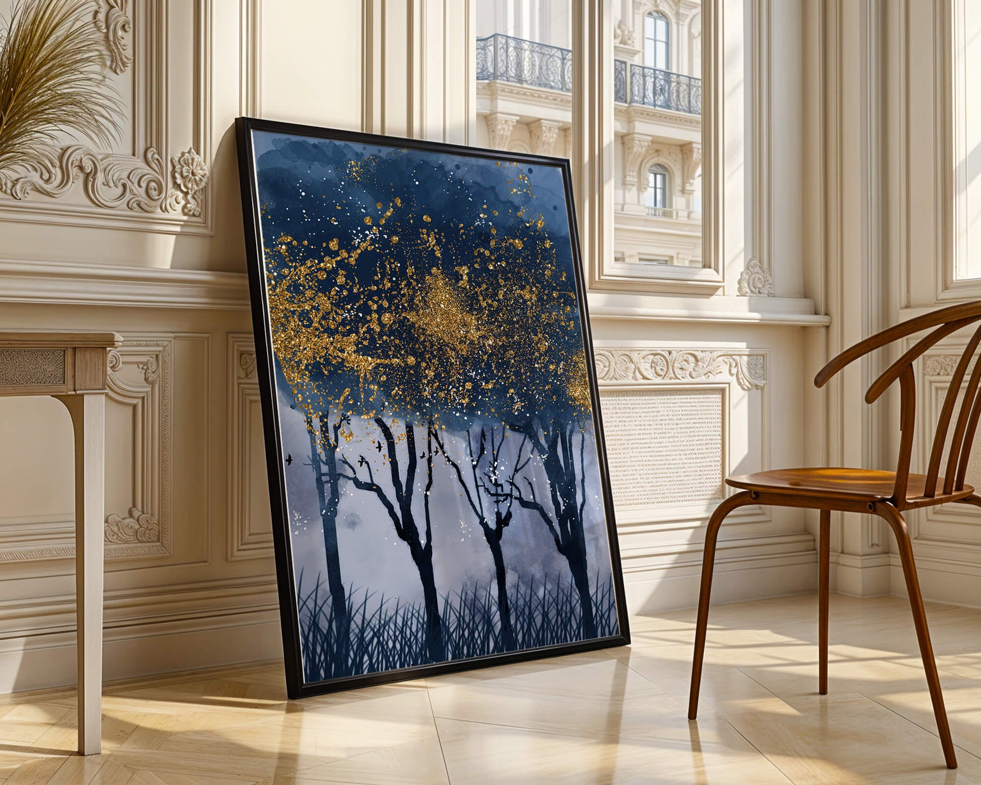 Mystical forest landscape with gold splatter art