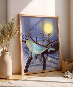 Whale resting on tree branches under starry night sky