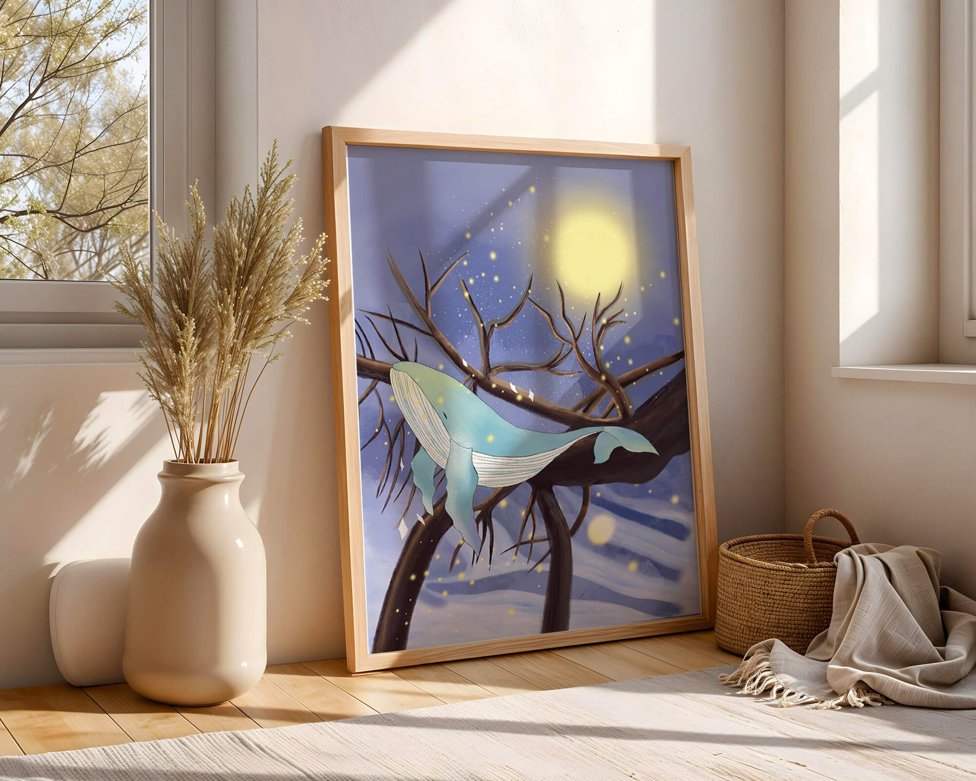 Whale resting on tree branches under starry night sky