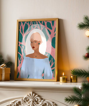 Illustration einer Frau mit einem pastellfarbenen Hintergrund aus abstrakten Bäumen