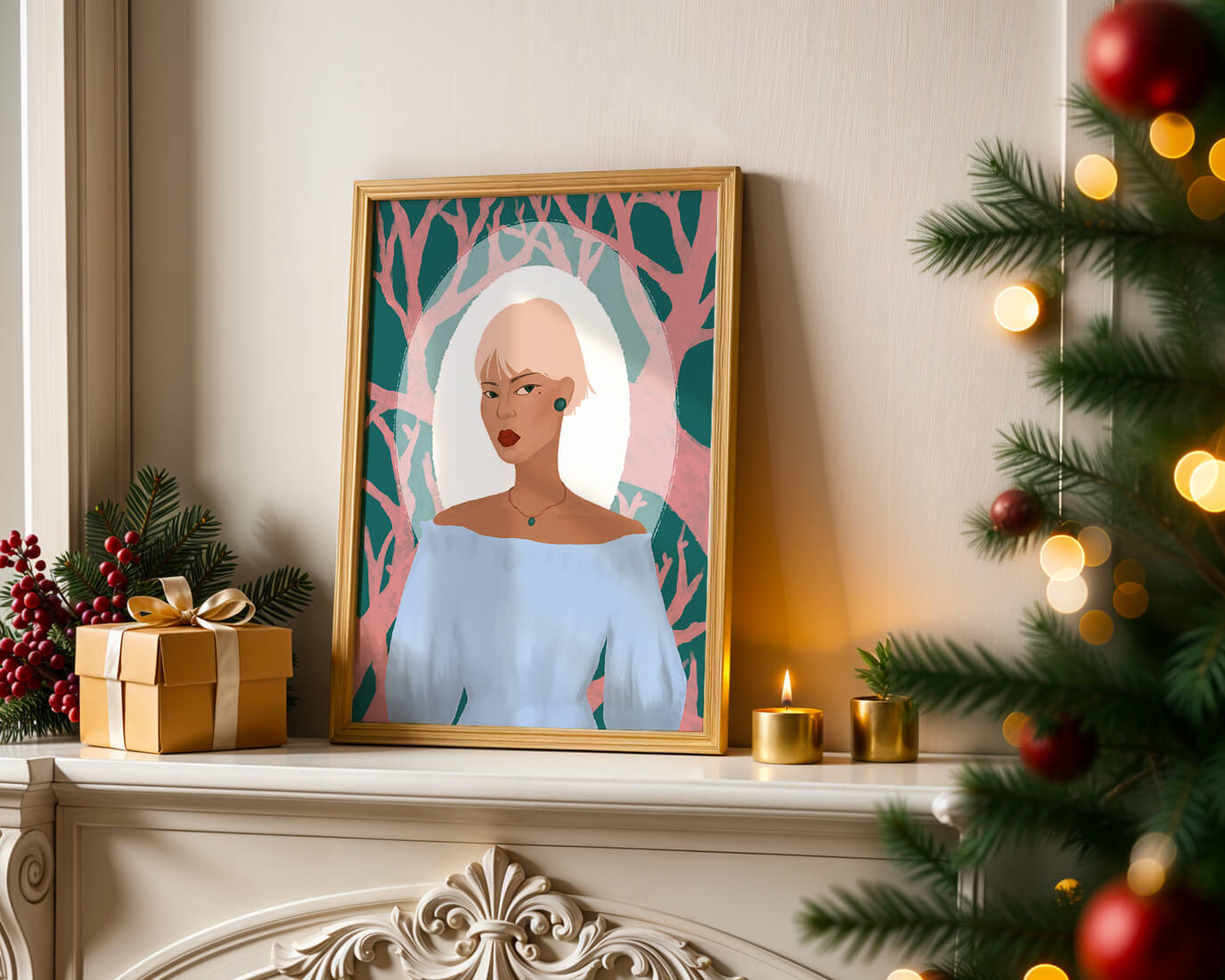Illustration einer Frau mit einem pastellfarbenen Hintergrund aus abstrakten Bäumen