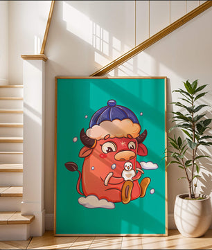 Winter cow cartoon with snowman on turquoise background