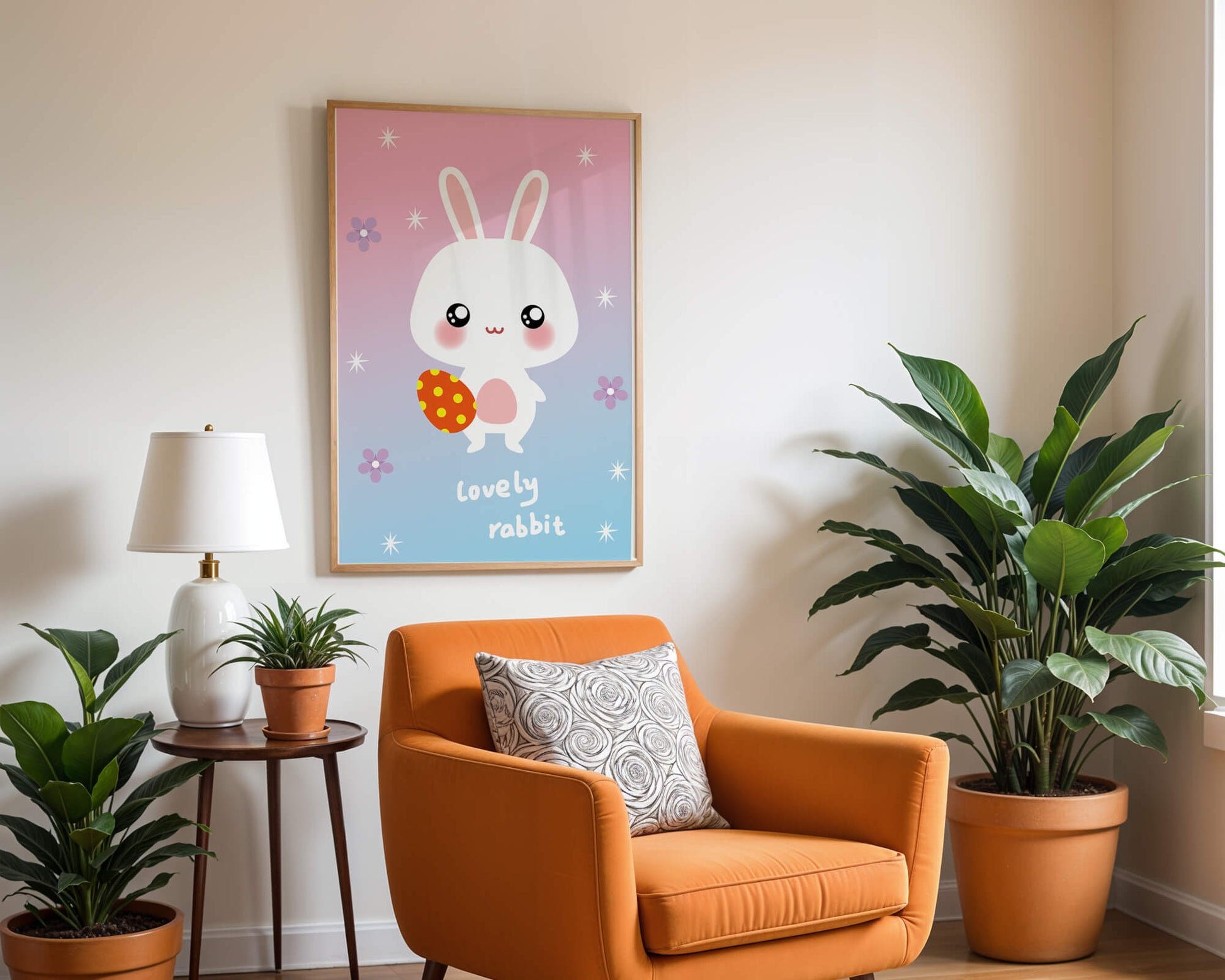 Adorable rabbit illustration with a colorful egg on a pastel background