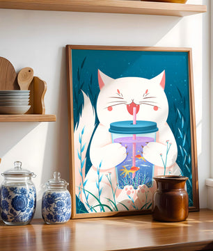 Playful cat with a fish tank tumbler in the underwater scene illustration
