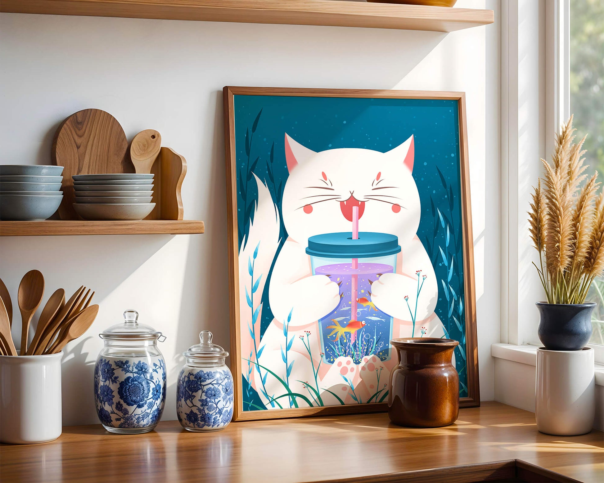 Playful cat with a fish tank tumbler in the underwater scene illustration