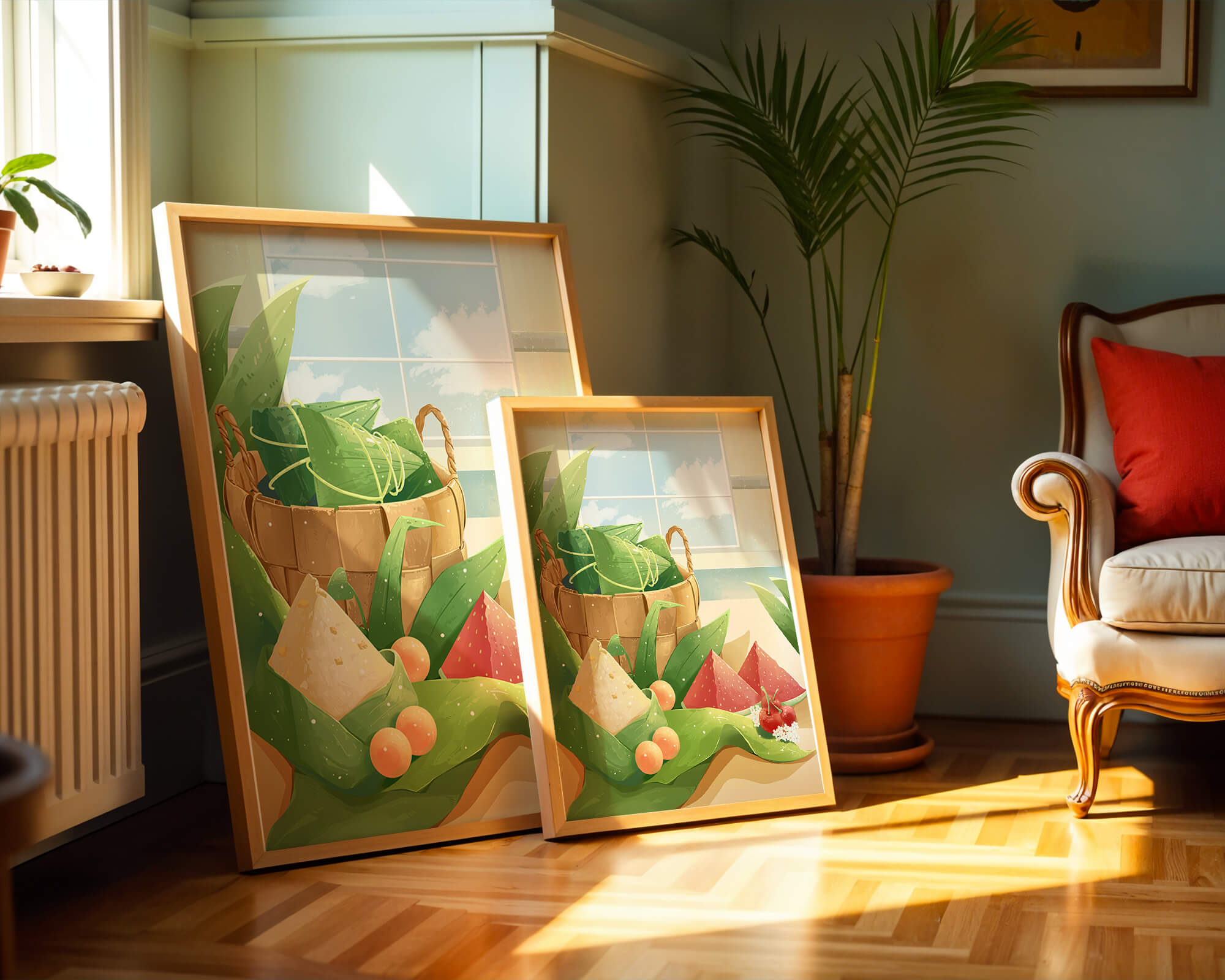 Serene kitchen scene with basket of fruits and leaves