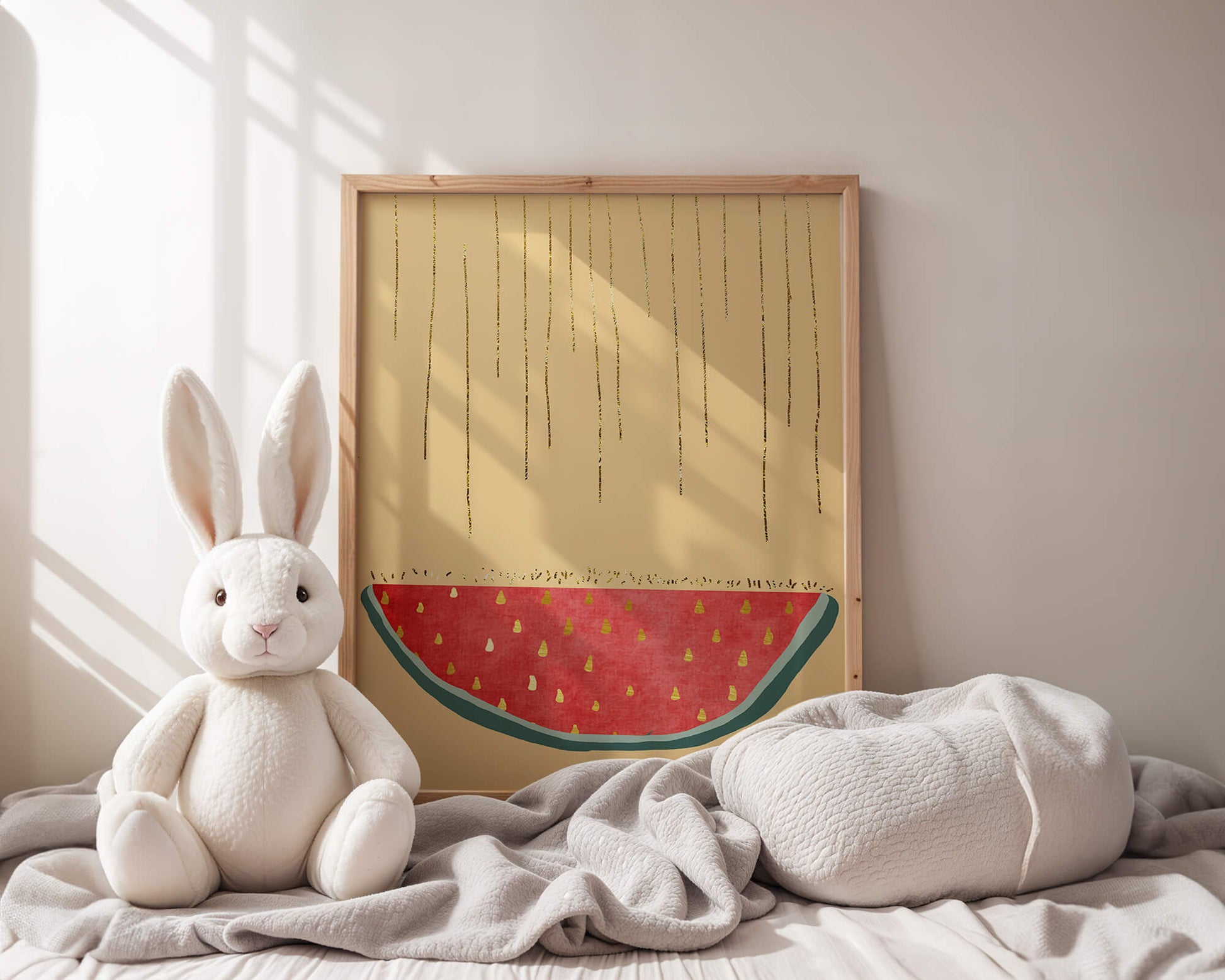 Abstract Watermelon Slice with Gold Accents on Minimalist Background