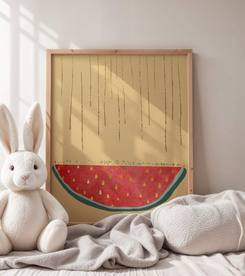 Abstract Watermelon Slice with Gold Accents on Minimalist Background