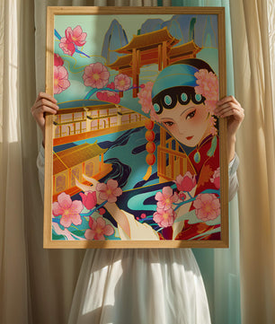 Traditional Asian art with cherry blossoms and architecture