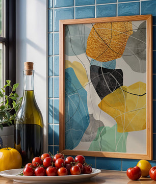 Abstrakte geometrische Kunst mit goldenen Akzenten und leuchtenden Farben