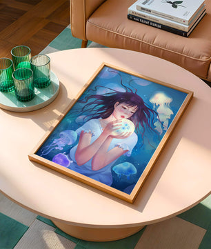 Enchanted underwater scene with girl and glowing jellyfish
