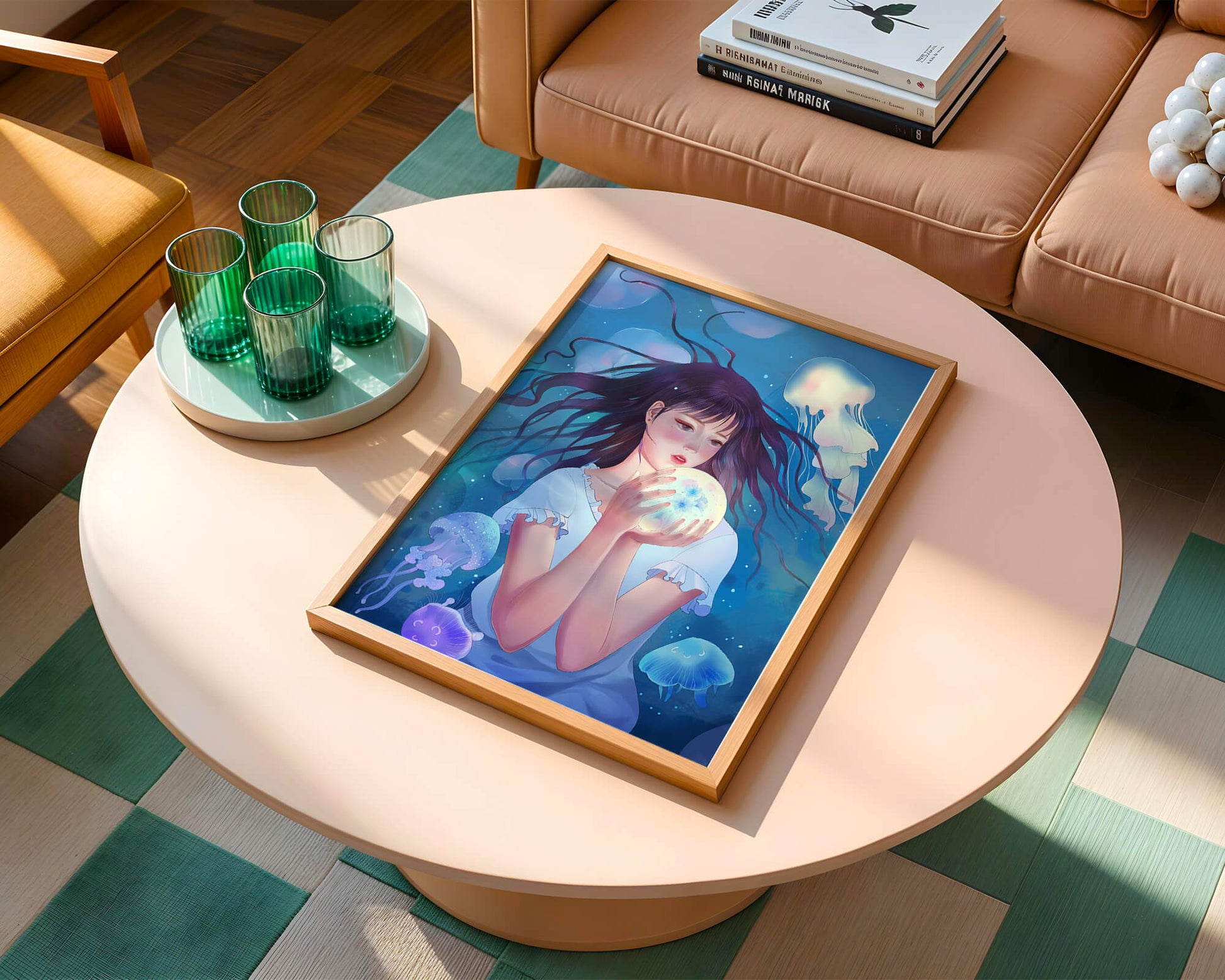 Enchanted underwater scene with girl and glowing jellyfish