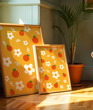 Playful floral and fruity pattern on a vibrant yellow background