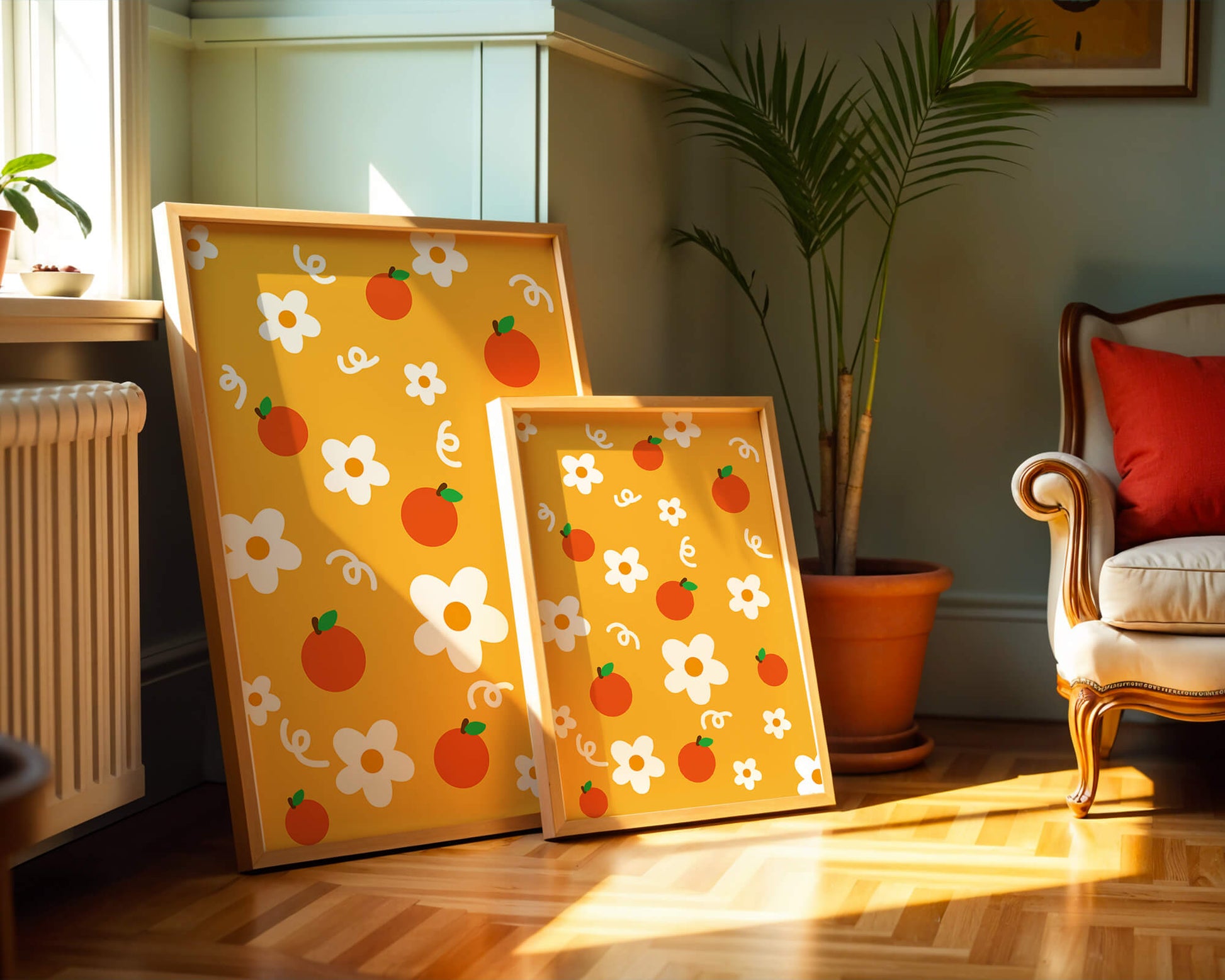 Playful floral and fruity pattern on a vibrant yellow background
