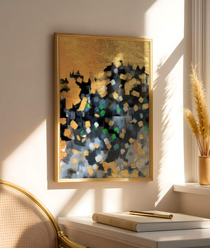 Arte abstracto con dorado y pinceladas coloridas
