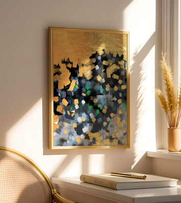 Abstract art with gold and colorful brushstrokes