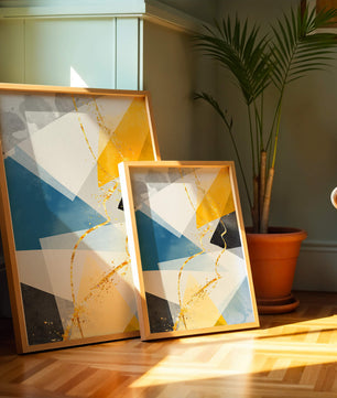 Abstract Geometric Art with Gold Accents in Blue, Yellow, and Gray - Mi tienda