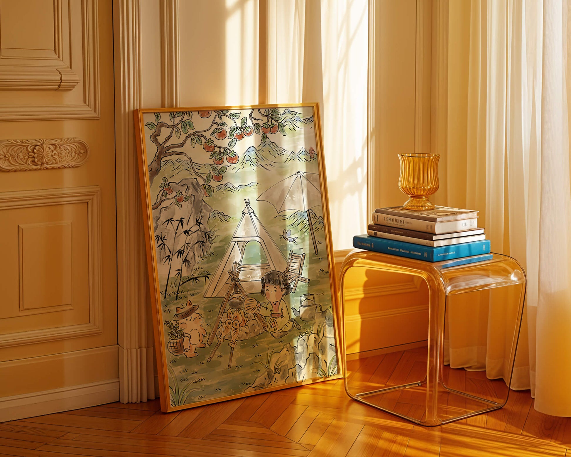 Escena encantadora de camping con un niño y un gato bajo un árbol de caqui