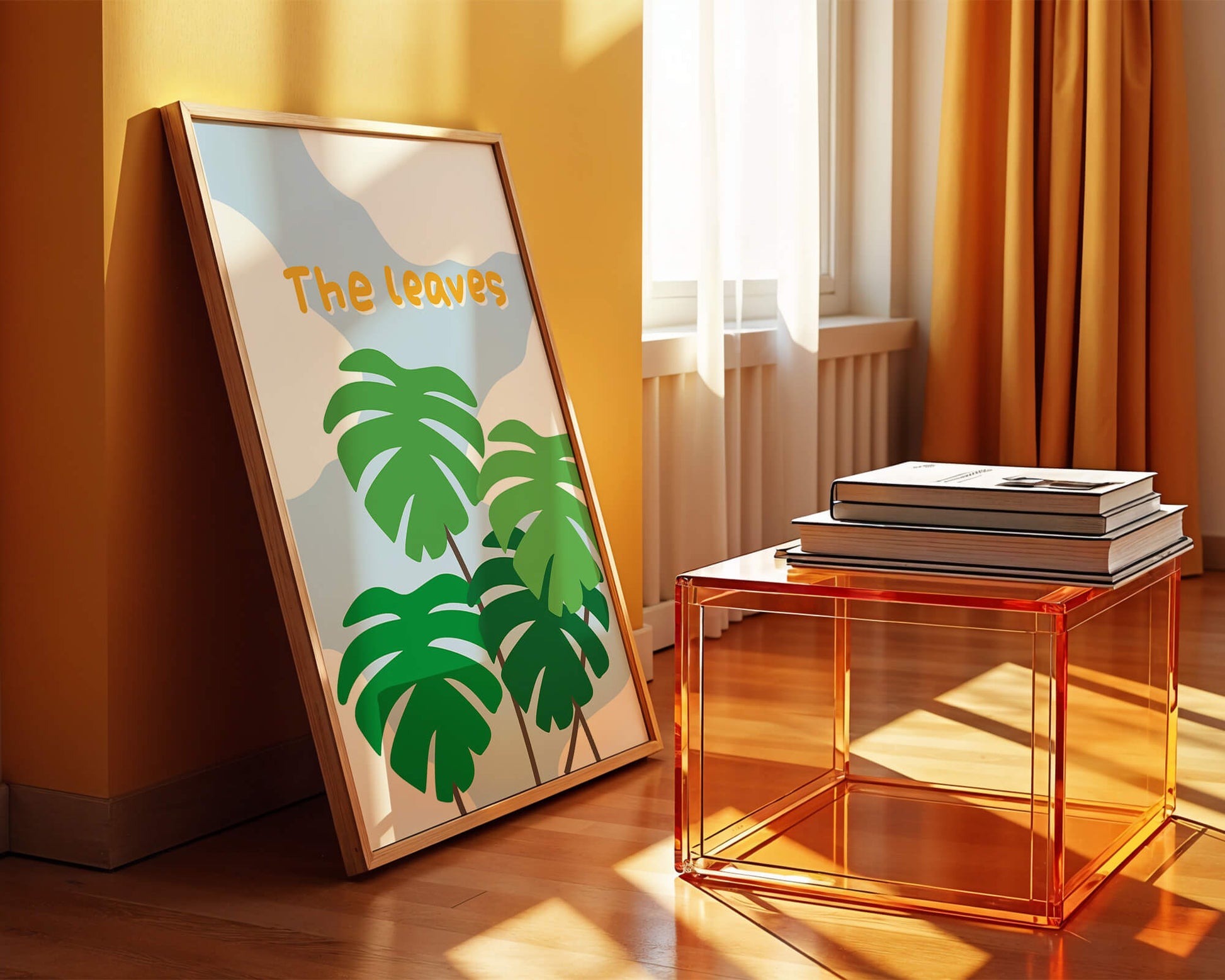 Illustrative tropical leaves with blue sky background for home decor