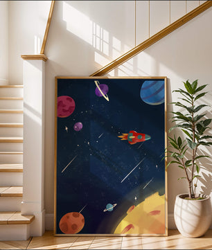 Farbenfrohes Weltraumabenteuer mit Planeten und Raketenillustration