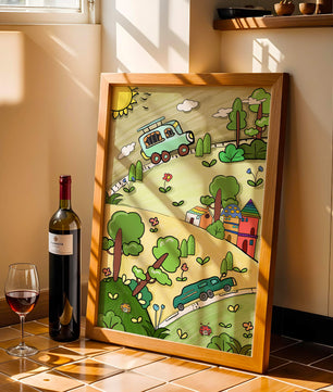 Colorful cartoon landscape with vehicles and nature scene
