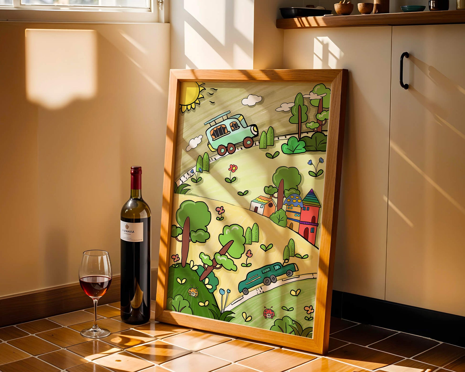 Colorful cartoon landscape with vehicles and nature scene