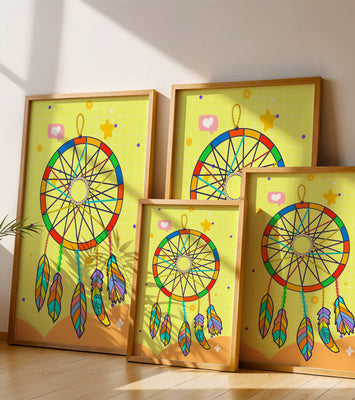Colorful dreamcatcher on a vibrant yellow background
