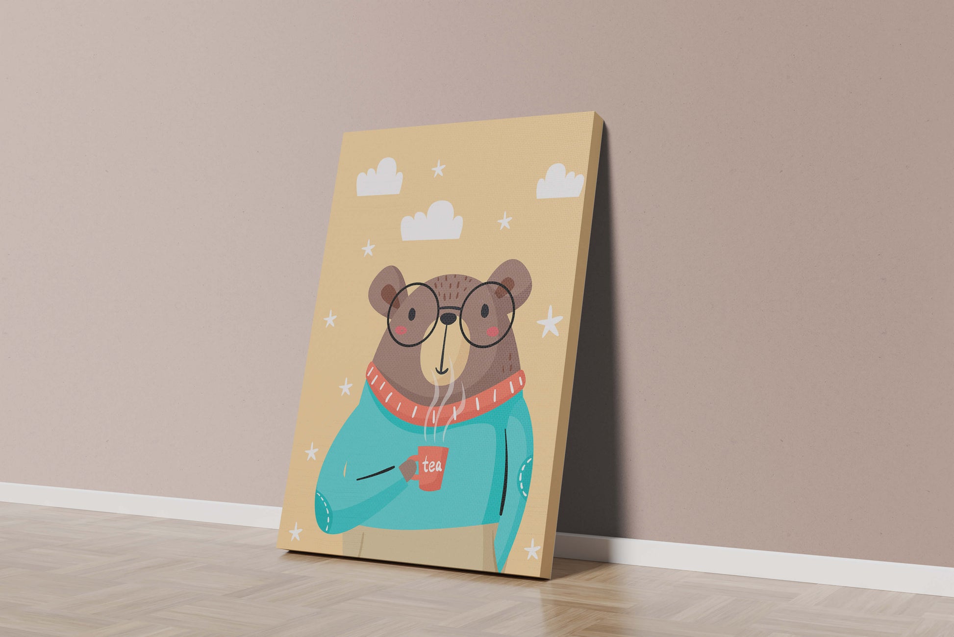 Illustration of a bear with glasses holding a tea cup against a starry background
