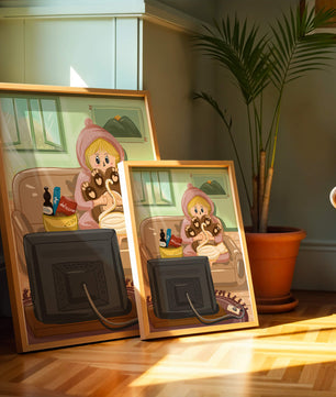 Gemütliche Zeichentrickszene: Person mit Katze und Snacks auf einem Sofa