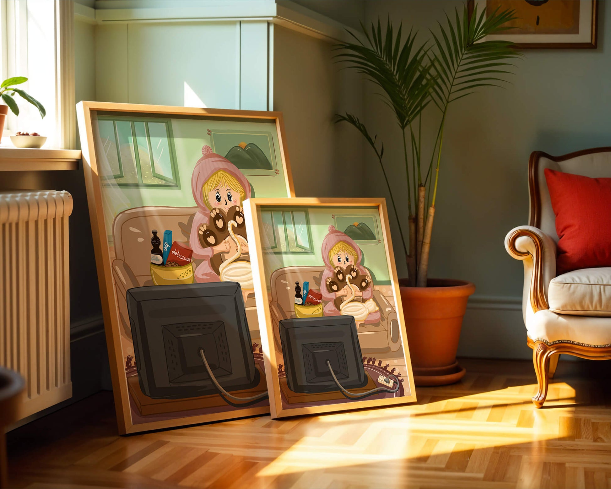Cozy cartoon scene: person with cat and snacks on a sofa
