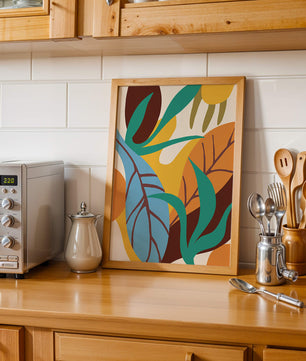 Abstract botanical design with colorful leaves and organic shapes