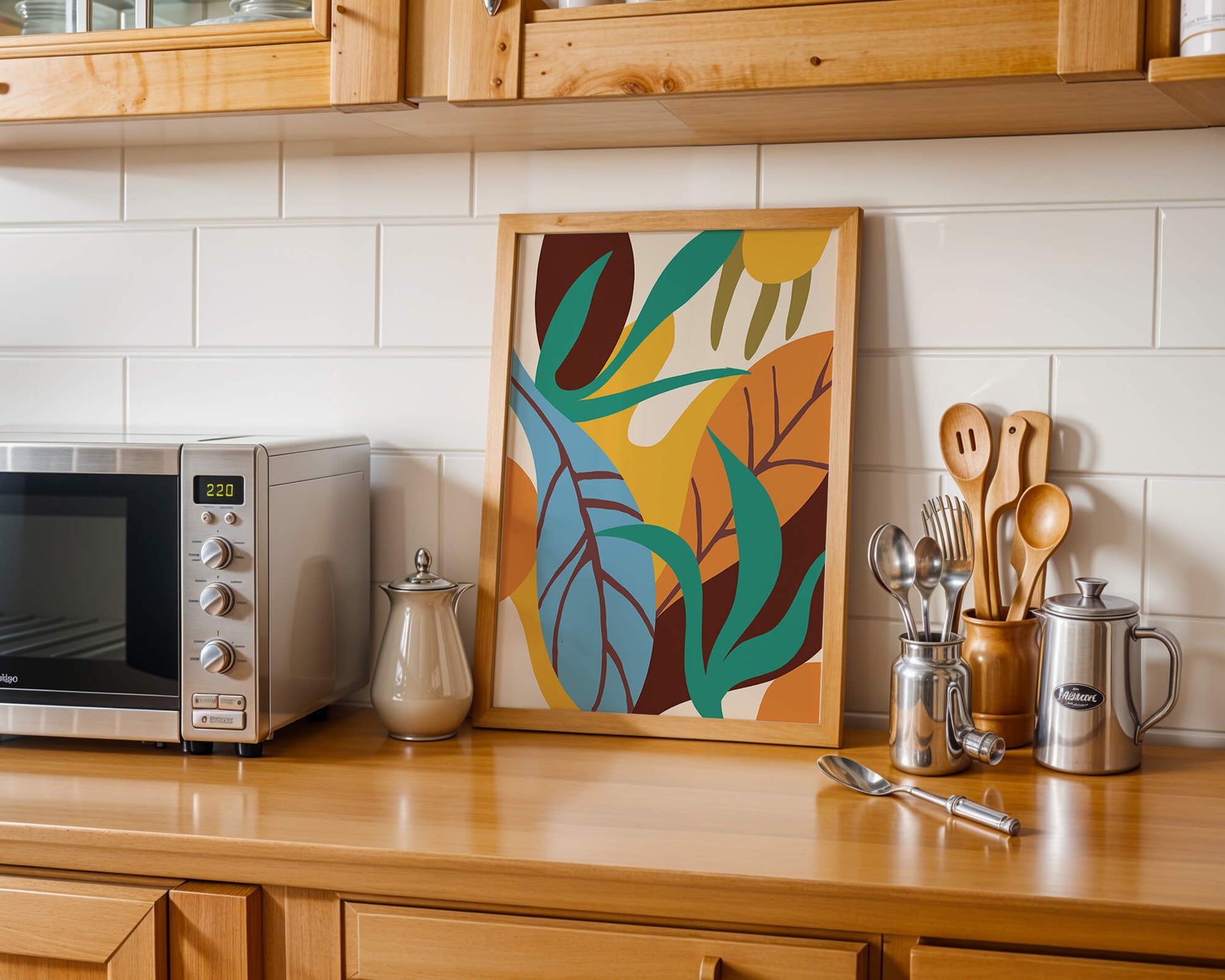 Abstract botanical design with colorful leaves and organic shapes