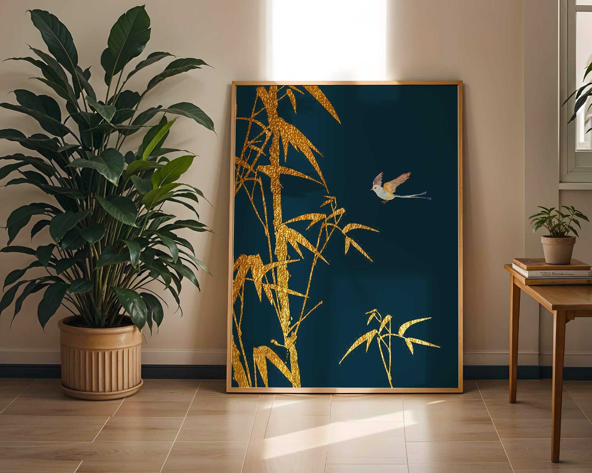 Golden bamboo and bird against a deep blue background