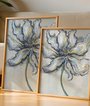 Elegant blue and green abstract floral artwork with flowing lines