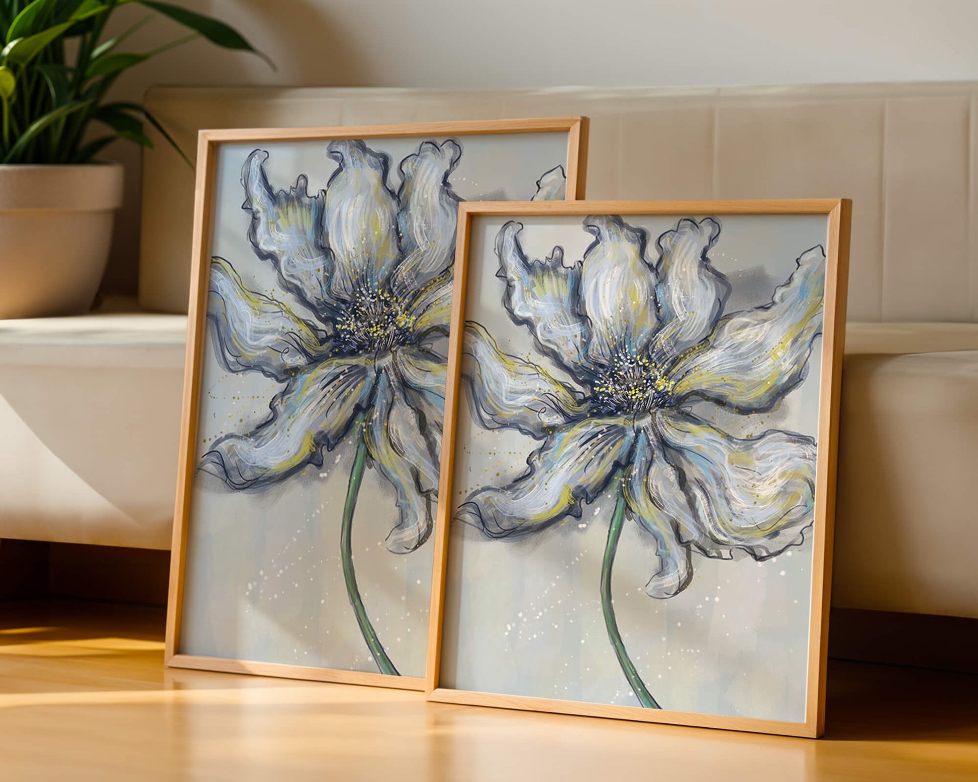 Elegant blue and green abstract floral artwork with flowing lines