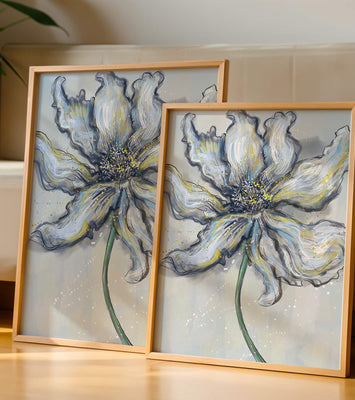 Elegant blue and green abstract floral artwork with flowing lines
