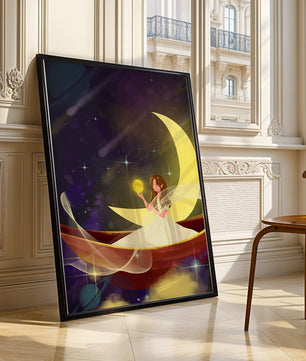 Enchanted night scene with a fairy on a crescent moon