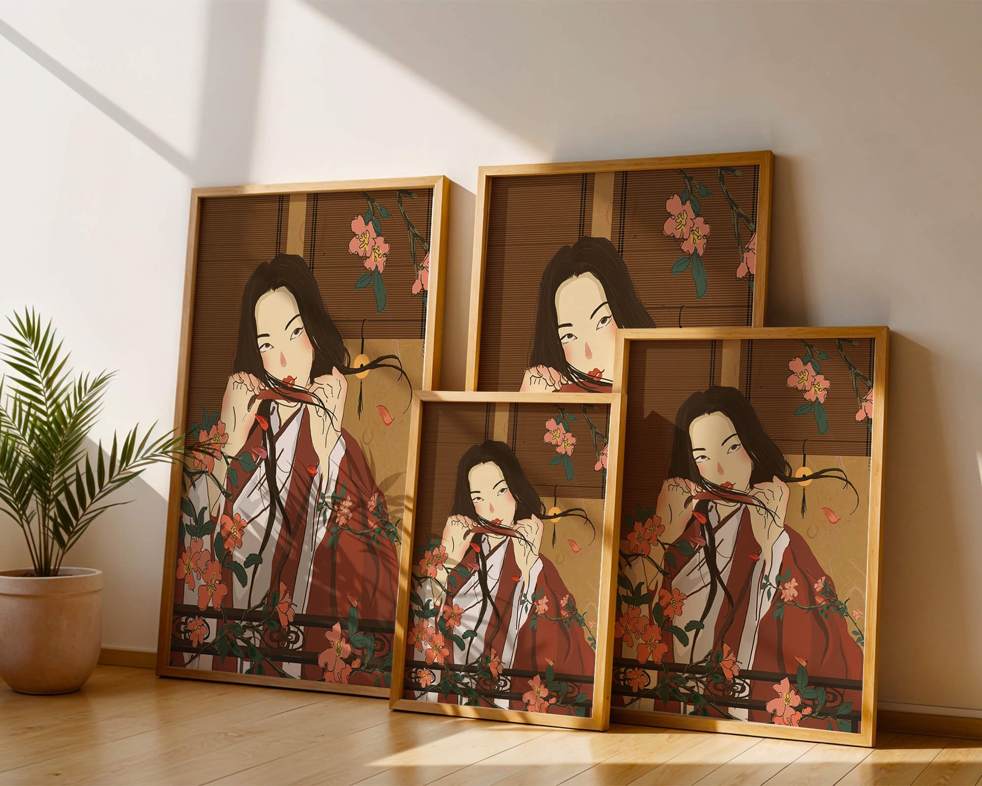 Japanerin spielt Flöte zwischen Blumen in traditioneller Umgebung