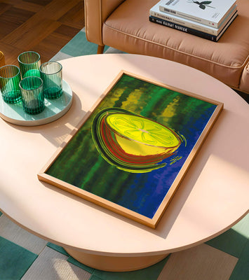 Vibrant abstract lemon slice with a colorful background