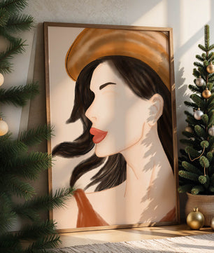 Stylized portrait of a woman in a hat with flowing hair
