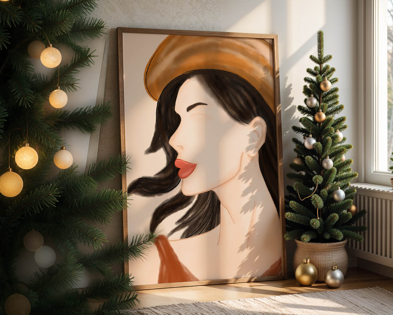 Stylized portrait of a woman in a hat with flowing hair