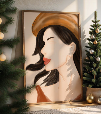 Stylized portrait of a woman in a hat with flowing hair