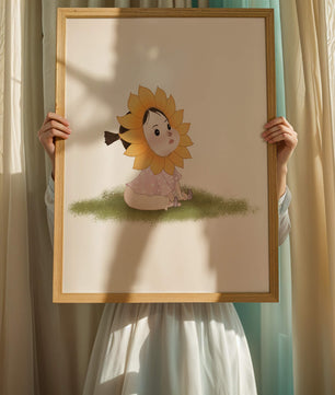 Adorable child with sunflower costume sitting on a grassy patch