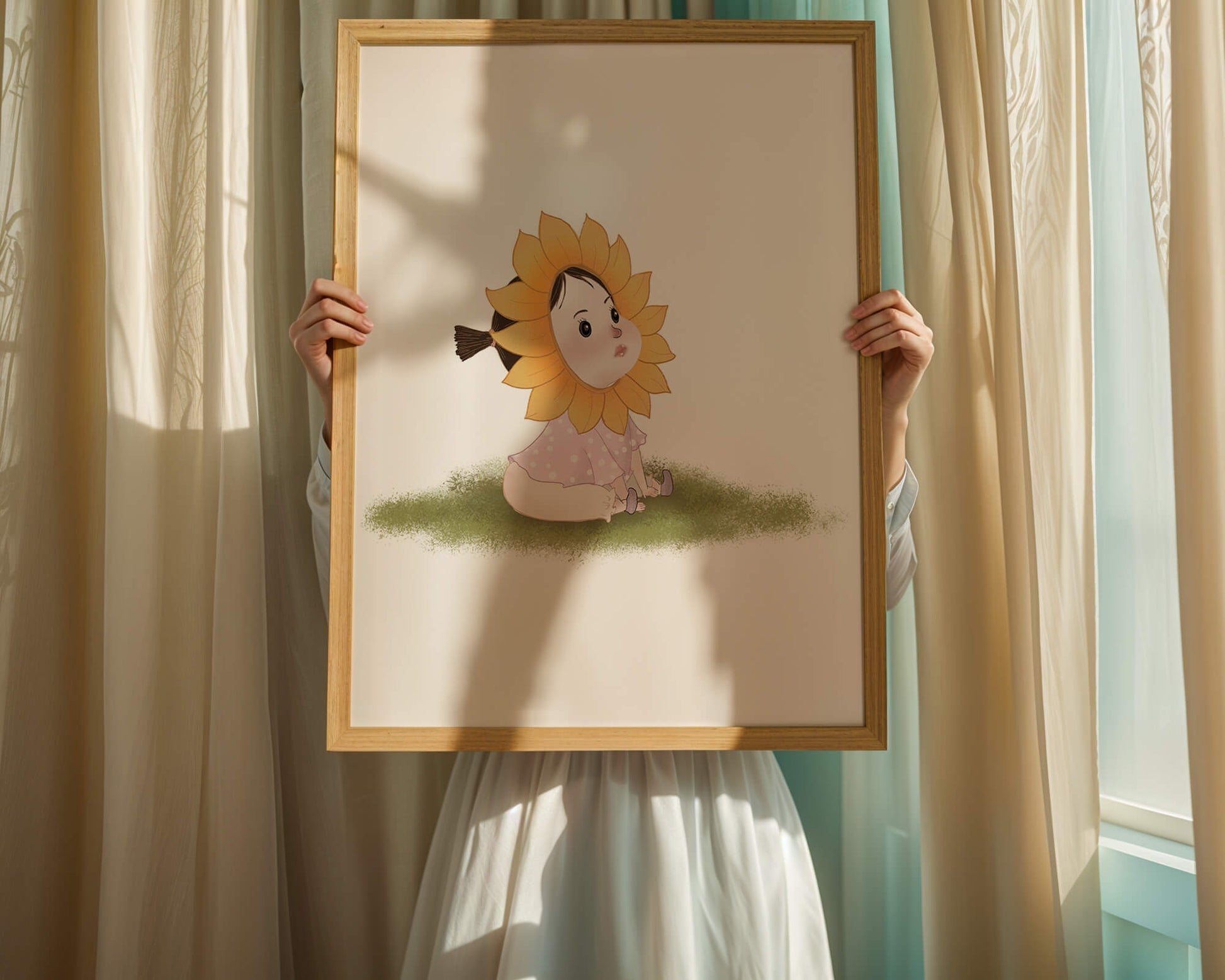 Adorable child with sunflower costume sitting on a grassy patch