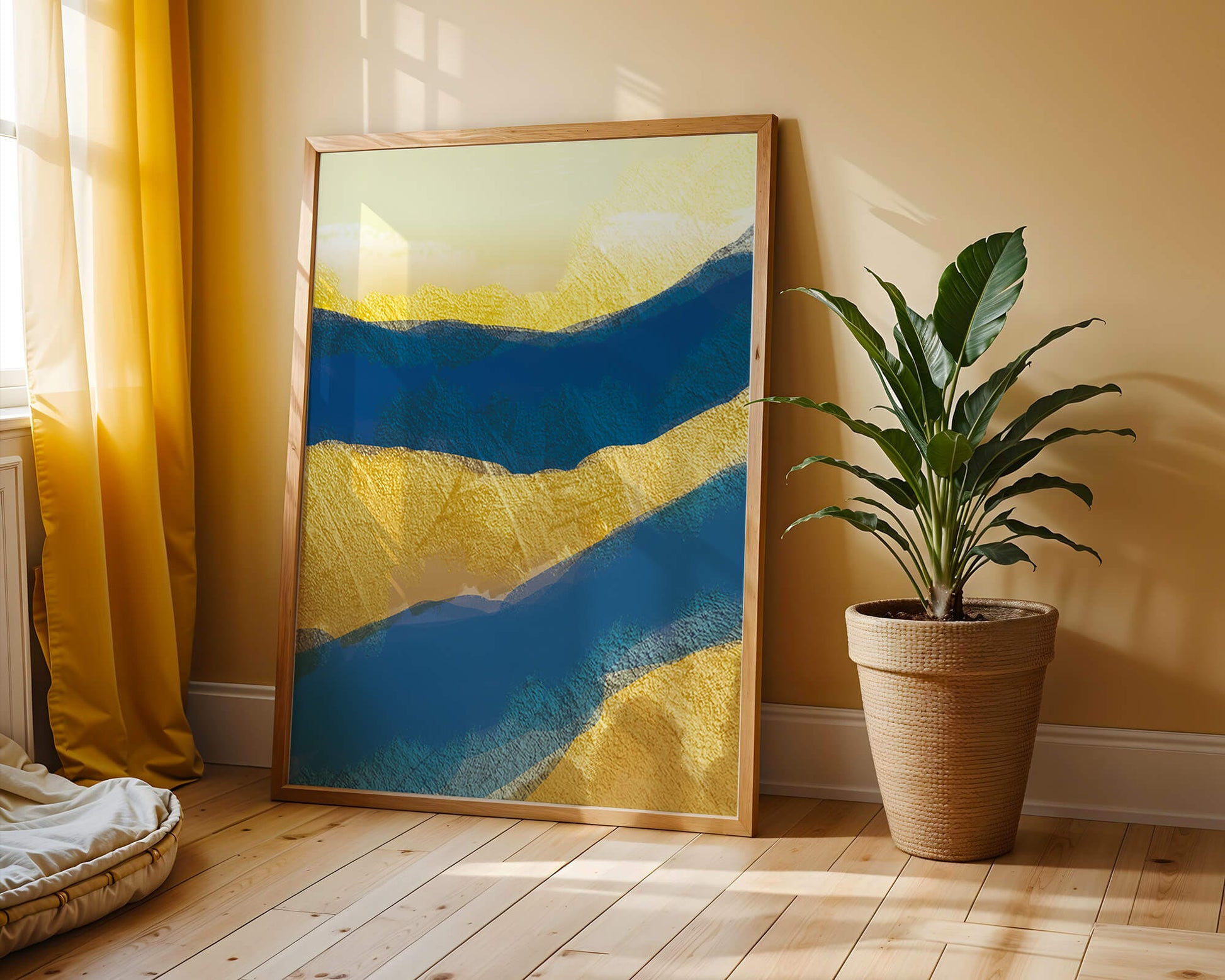 Abstract landscape with blue and yellow textured layers