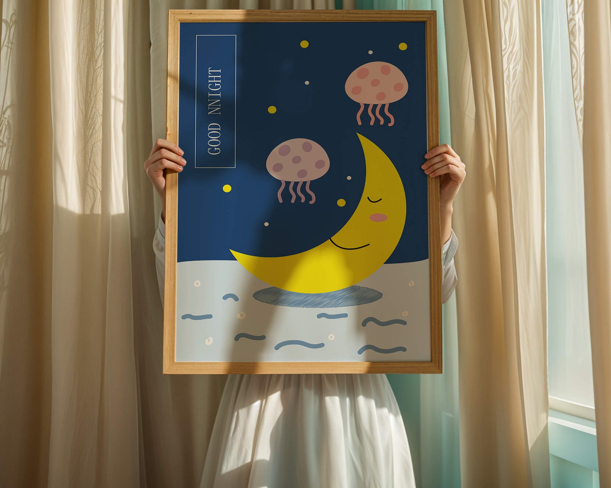 Whimsical night scene with a smiling moon and playful jellyfish