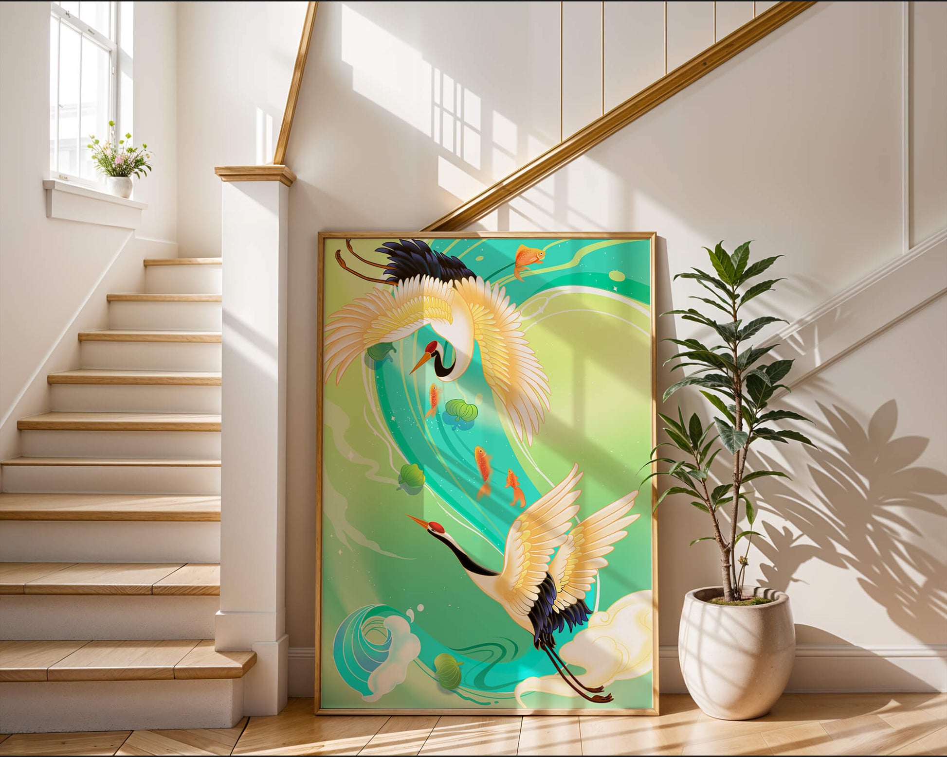 Elegante Kraniche und Fische in einer lebendigen Wasserszene